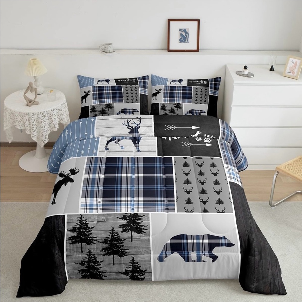Rustic Wildlife Patchwork Quilt Set - Blue, Black, and Gray - BRAND NEW